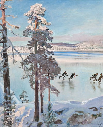 Skaters near the shore of Kalela (Gallen-Kallela)